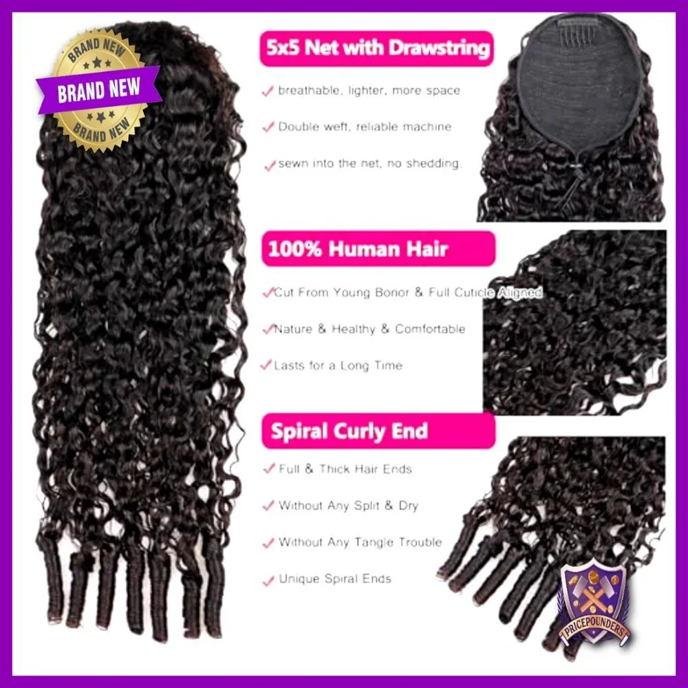 18 Inch Burmese Curly Ponytail Extensions Human Hair Clip Ins 3C4A